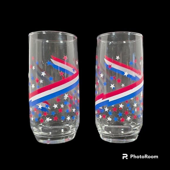 Libbey Vintage 70's Glasses Patriotic Stars & Stripes Red White Blue‎ Set of 2 - Picture 1 of 7